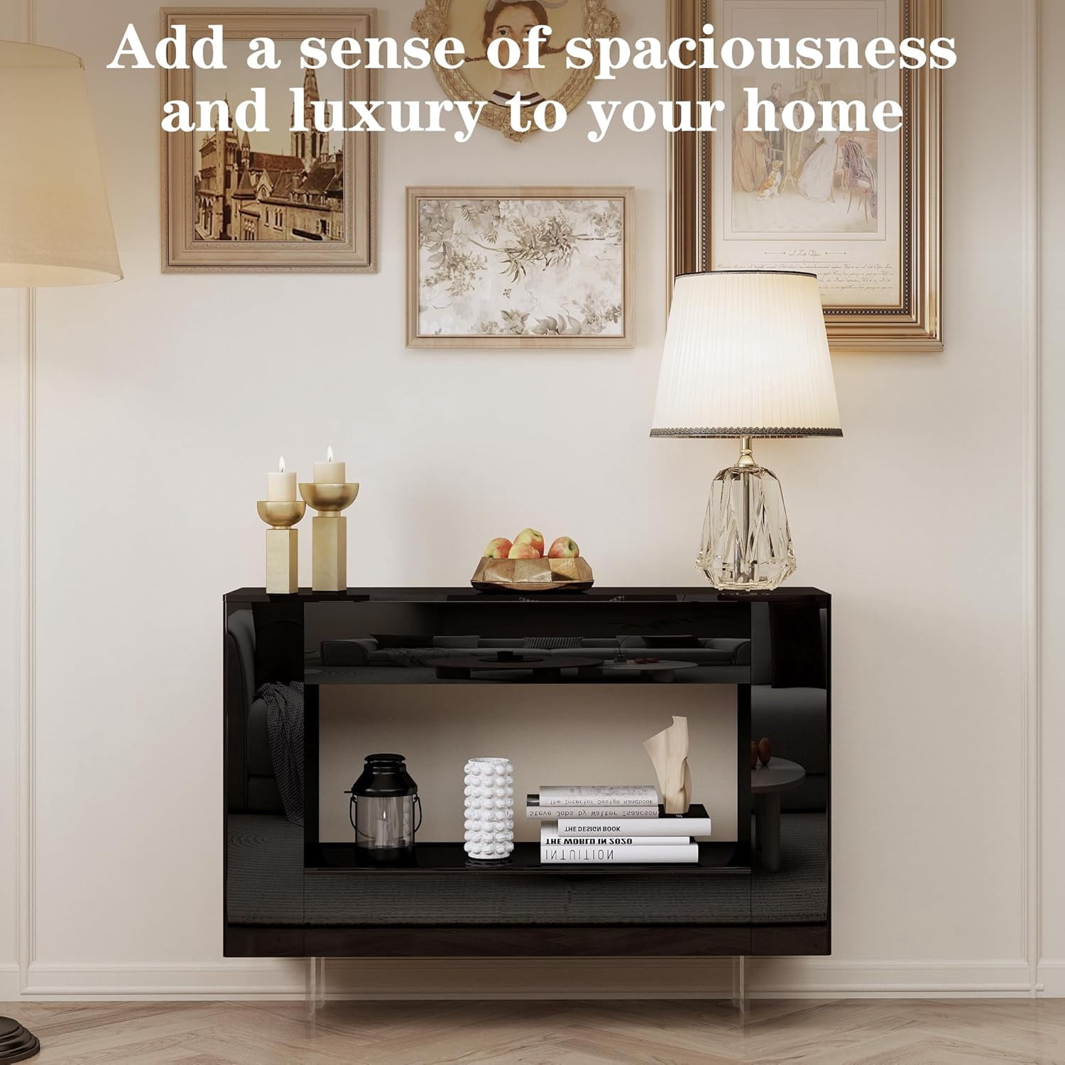 47-Inch Modern Black High Gloss Console Table with Hidden Side Storage Cabinets and Adjustable Shelves, Entryway Sofa Table