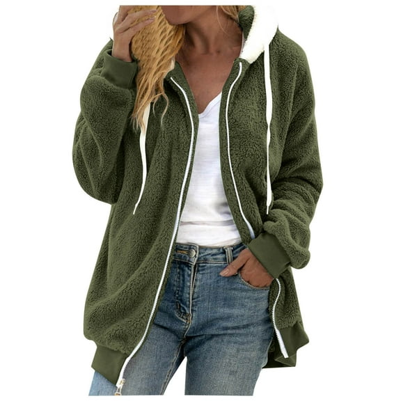 Tiqkatyck Winter Jackets for Women, Women's Winter Warm Plush Hooded Coat Warm Artificial Wool Coat Plush Coat with Pockets Outerwear Fleece Jacket Women, Winter Coats for Women Green L