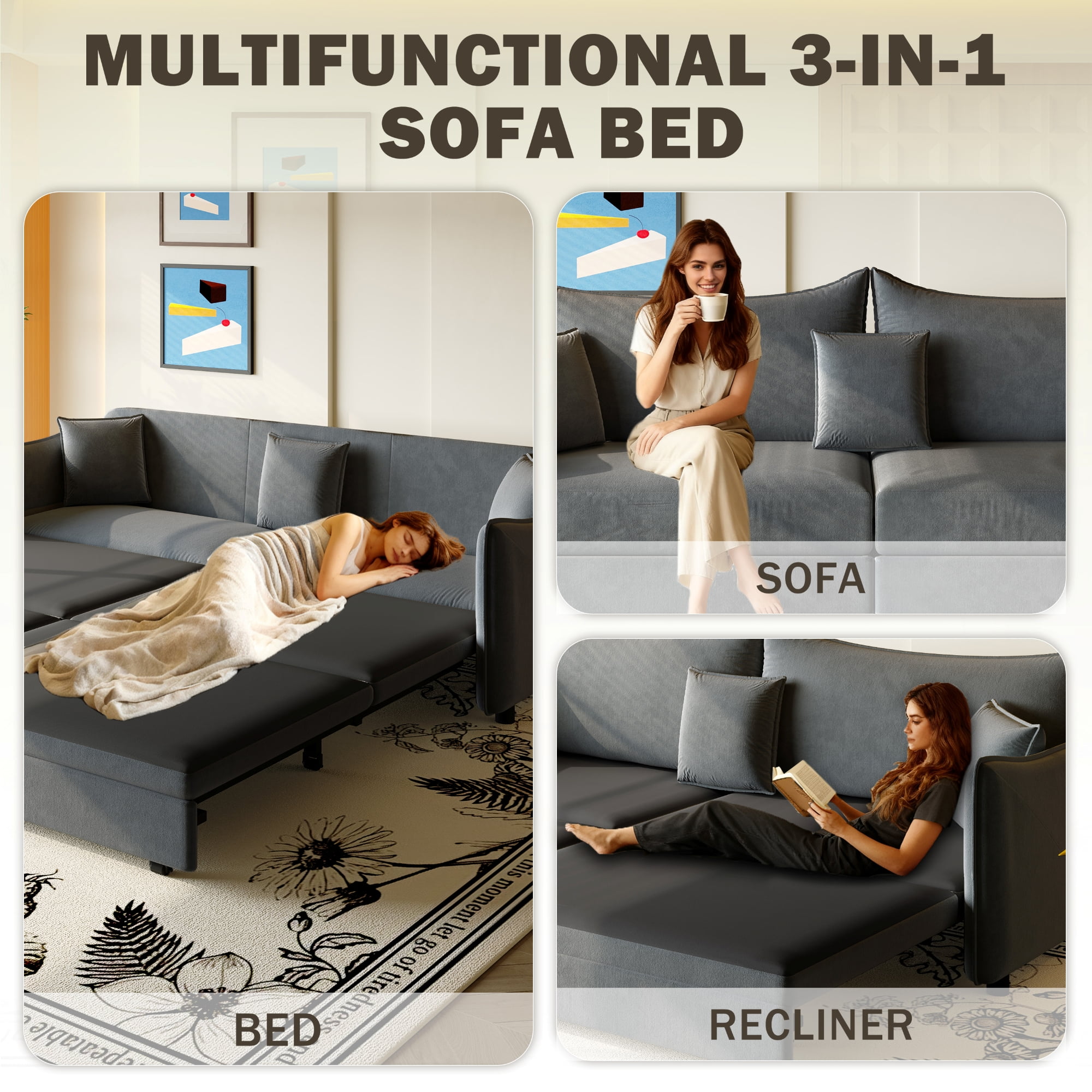 LLappuil 82" Pull Out Sofa Bed King Size, Loveseat Sofa Convertible Sofa Bed, Velvet 3 Seat Sofa Couch for Living Room Dark Gray