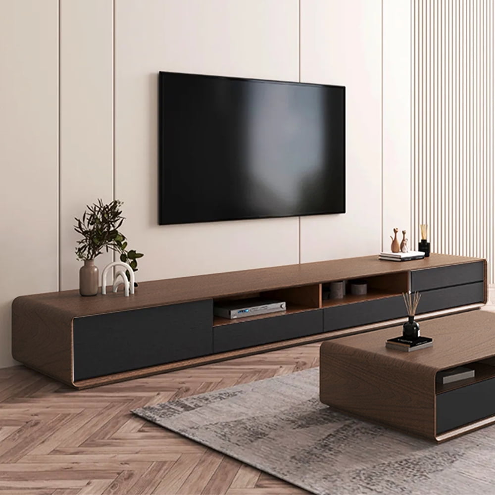 POVISON Modern Wood Black TV Stand, Lowline Media Console with 4 Drawers, Open Storage Cabinet, Walnut Veneer, Fully-assembled, 78"
