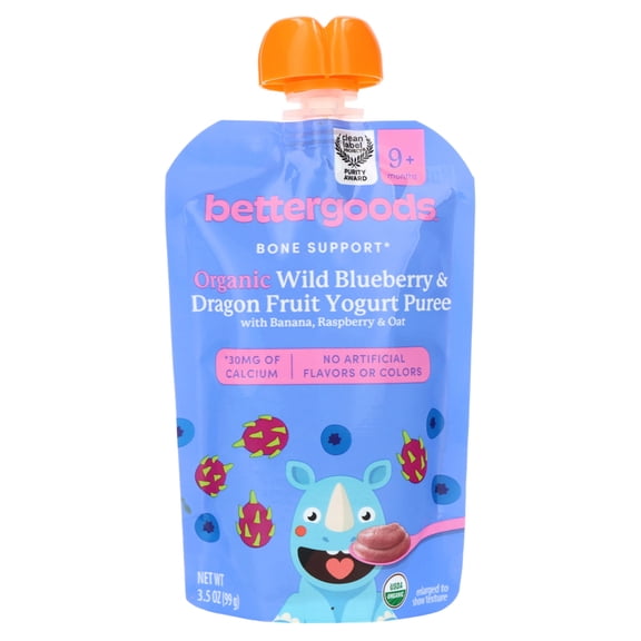 bettergoods Organic Stage 3 Baby Food Bone Support Blend, Wild Blueberry and Dragon Fruit Yogurt Puree, 3.5 oz Pouch