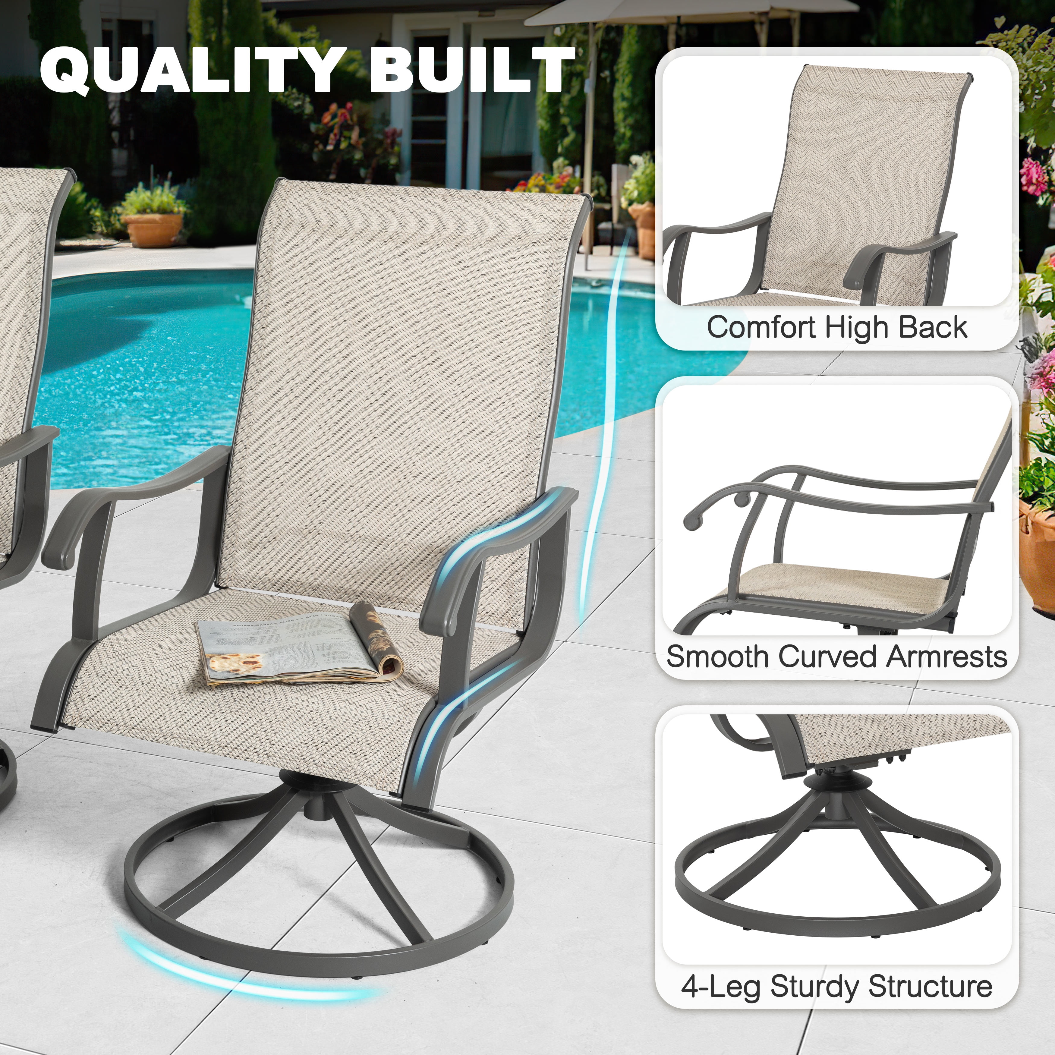 Nuu Garden 4-Piece Patio Chairs, Outdoor Dining Chairs with Armrests, Swivel Textilene Outdoor Dining Furniture for All Weather, with Metal Frame, for Garden, Backyard, Deck, Poolside, Beige