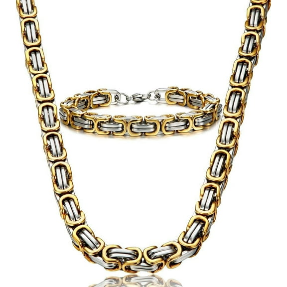Stainless Steel Male Chain Necklace Byzantine Bracelet for Men Jewelry Sets 8.5 Inch Bracelet