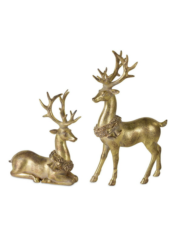 Home Seasonal Decorative Deer (Set Of 2) 7.25"L X 9"H, 7.5"L X 12.5"H Resin
