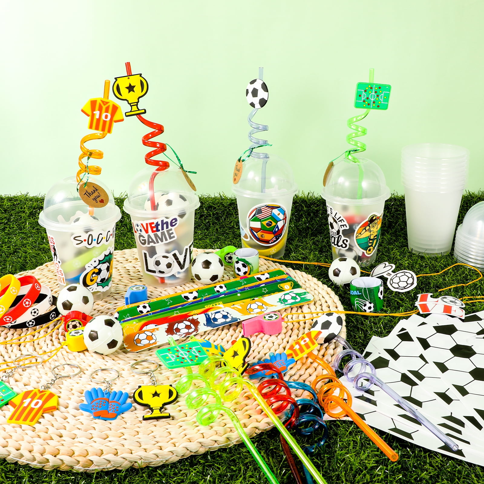170PCS Soccer Party Favors for Kids, Birthday Party Supplies, Goodie Bags Set with Cups, Straws, Bracelets, Stickers, Mini Balls, Soccer Gifts for Boys
