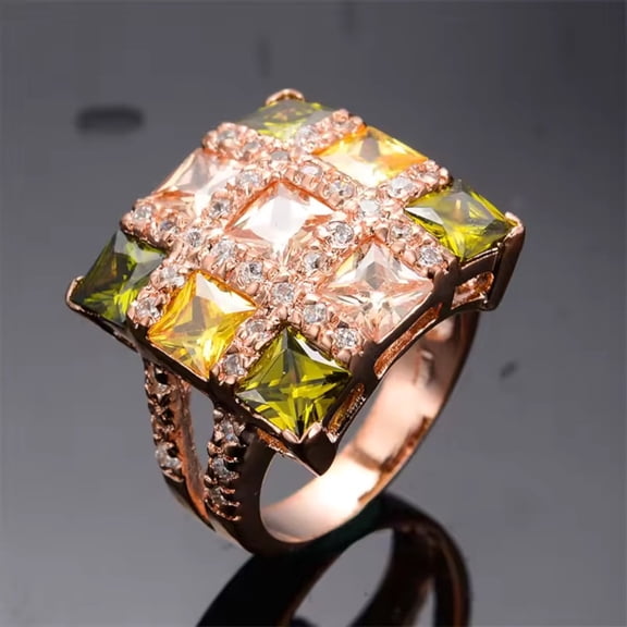 Multicolor Zircon Crystal Square Rose Gold Statement Cocktail Finger Ring Fashion Jewelry for Women