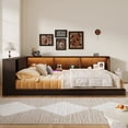 thumbnail image 2 of Queen Size Wood Daybed with Storage Shelves, USB Ports and LED Lights, Multifunctional Solid Wood Daybed for Bedroom, Guest Room, Home Office, No Box Spring Needed, Brown, 2 of 10