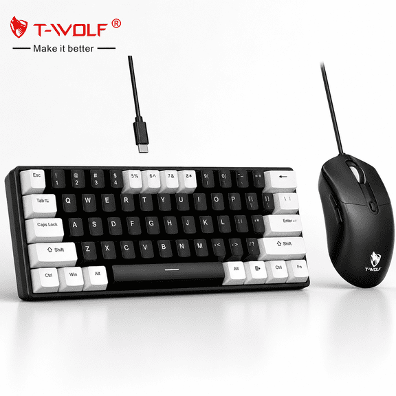 T-WOLF TF630 Mini Gaming Keyboard Wired and Gaming Mouse Combo, Anti-Ghosting 61 Keys Mechanical Keyboard, 7200 Dpi Optical Mouse with 7 Lights, Black and White