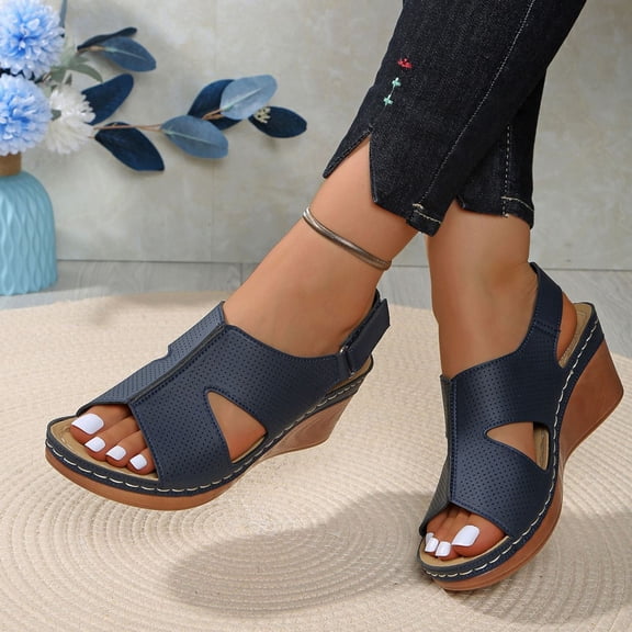 Fnooota Wedge Sandals for Women, Ankle Strap Non-slip Open Toe Casual Chunky Sandals Navy Size 7