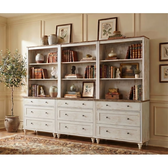 Farmhouse 5 Tier Bookcase With 9 Drawers, Rustic White, 101.6" W