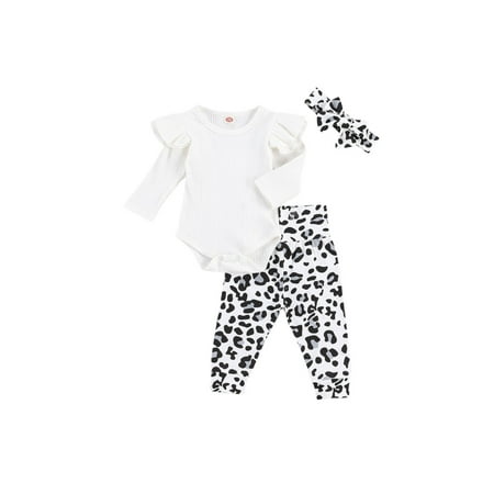 

JYYYBF 0-18M Autumn Newborn Baby Girls Clothes Sets Ruffles Long Sleeve Romper Tops Leopard Pants Headband White 0-3 Months