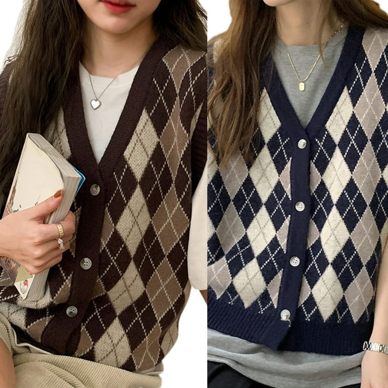 TINYSOME Women Knitted Waistcoat Sleeveless Argyle Plaid TINYSOME Women Knitted Waistcoat Sleeveless Argyle Plaid