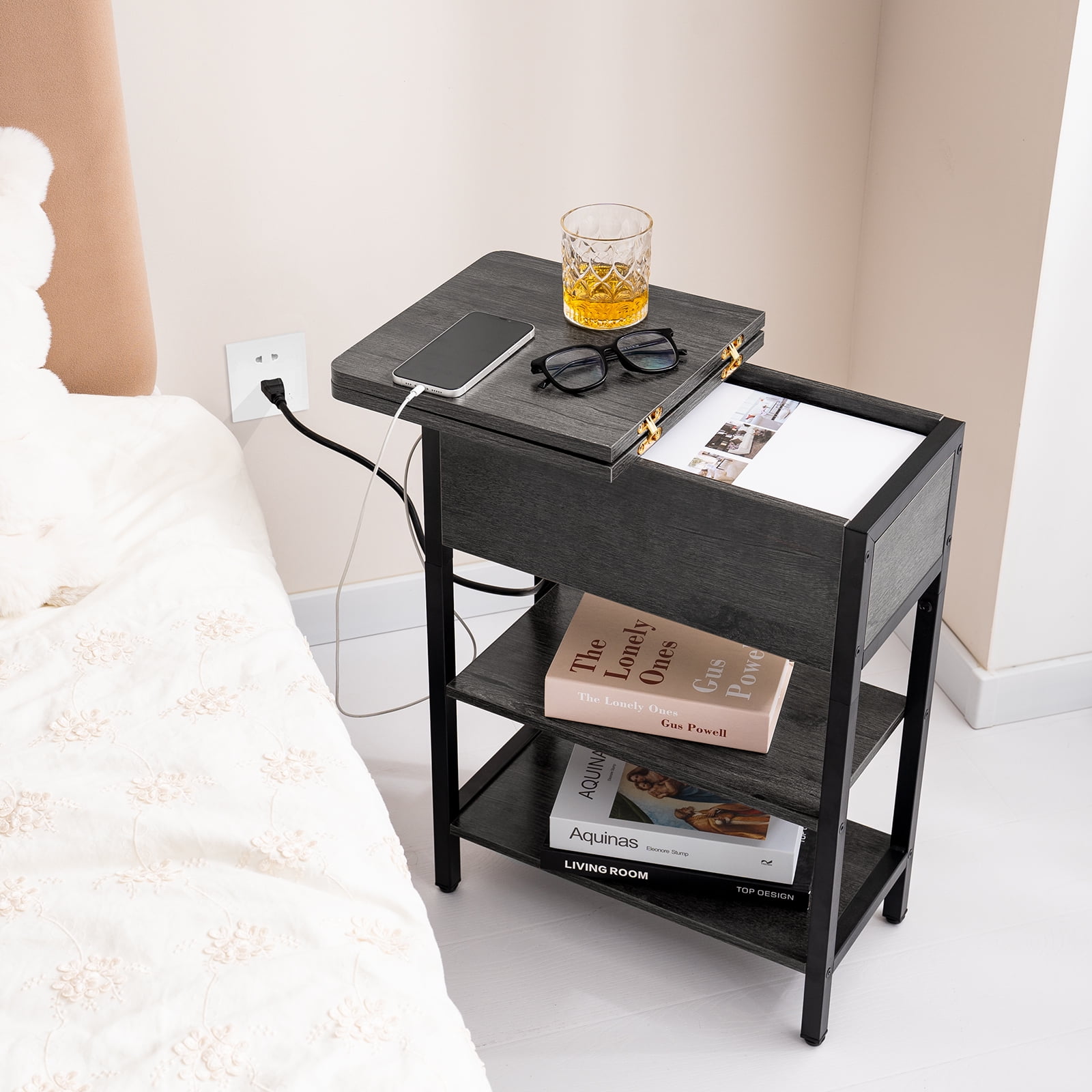End Table with Charging Station, Flip Top Side Table with USB Ports and Outlets,Small Table Bedside Tables with Storage Shelf for Living Room, Bedroom