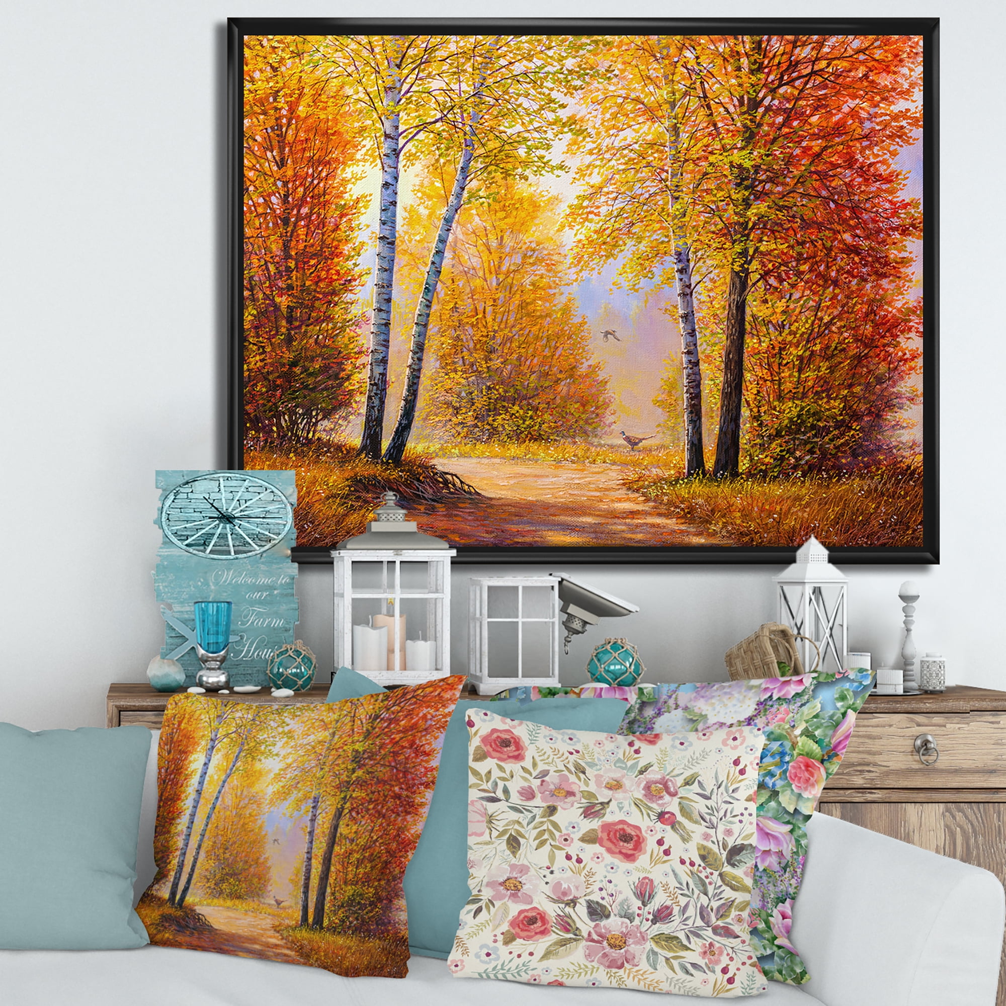 Sunrise Glow Through The Autumn Trees 32 in x 24 in Framed Painting Canvas Art Print, by Designart