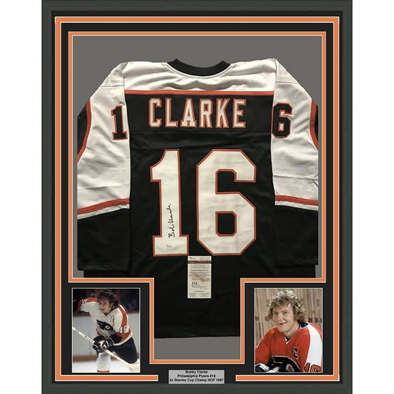 Framed Autographed/Signed Bob Bobby Clarke 35x39 Philadelphia Black Hockey Jersey JSA COA