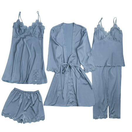 

Women s 5 Piece Sleepwear Solid Floral Lace Trim Satin Cami Pajama Set Silk Nightgown PJs Pajamas Sets with Robe