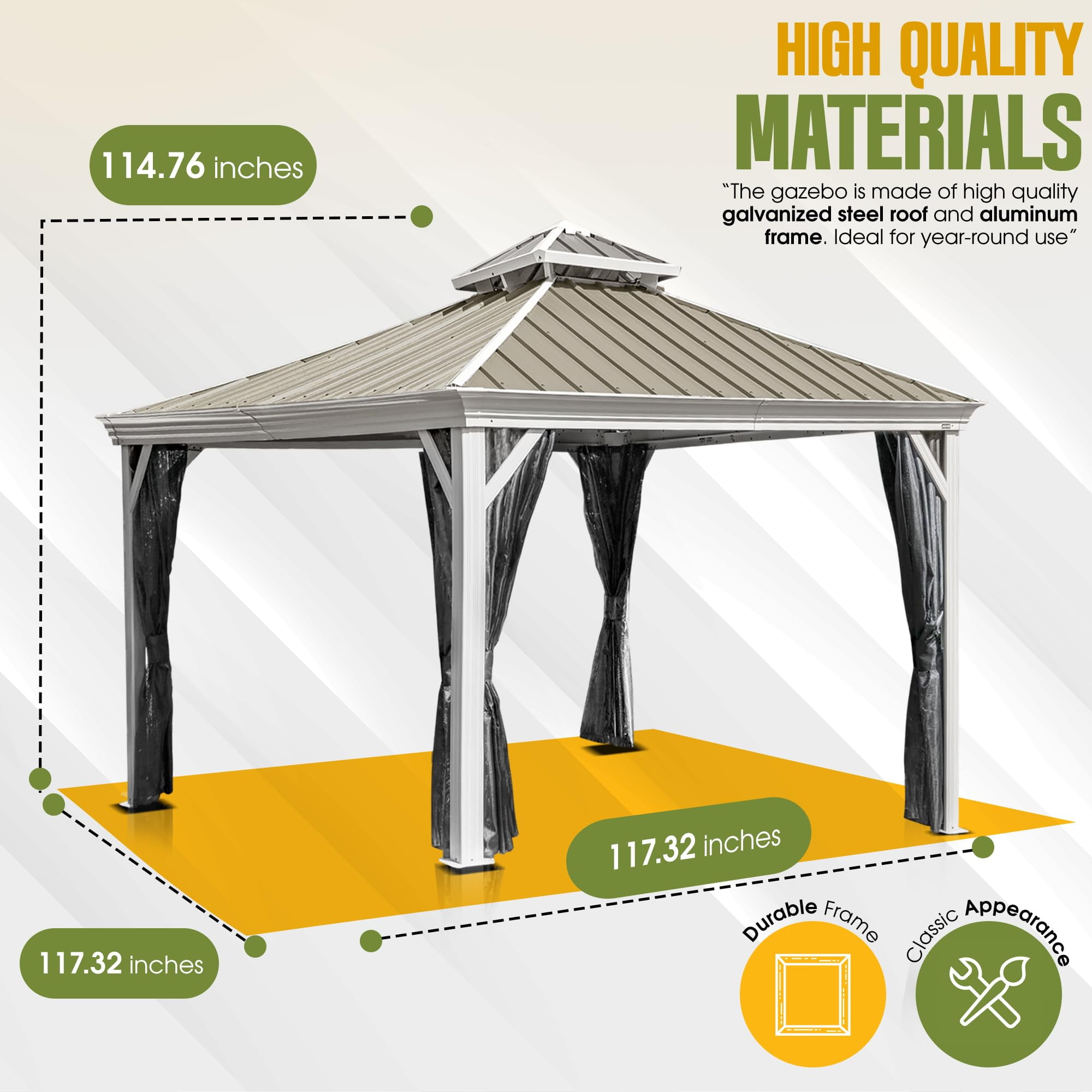 New Yard Hardtop Gazebo with Galvanized Steel Double Roof, Rustproof Aluminum Frame, Privacy Netting, and All-Weather Outdoor Shelter, Beige (10x10)