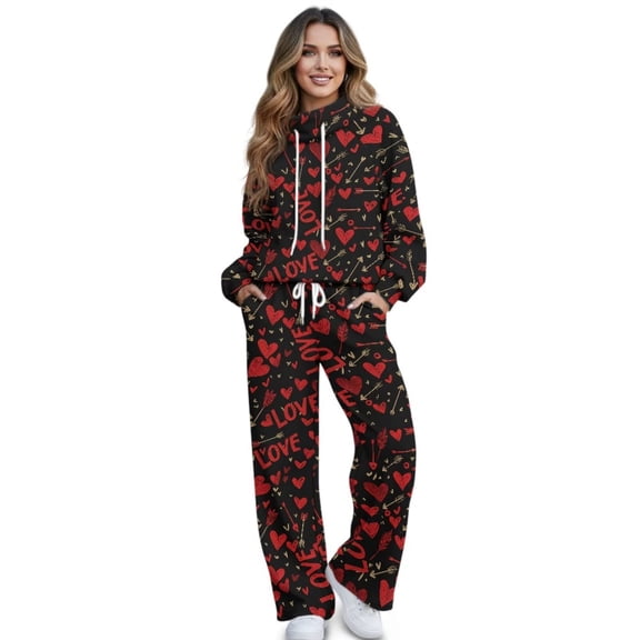 Xixirimido Love Hearts Arrow Print Lounge Sets for Women Sweatsuits 2 Piece Fall Winter Fashion Outfits Long Sleeve Sweatshirt Wide Leg Sweatpants Set Tracksuit for Valentine's Day, X-Small