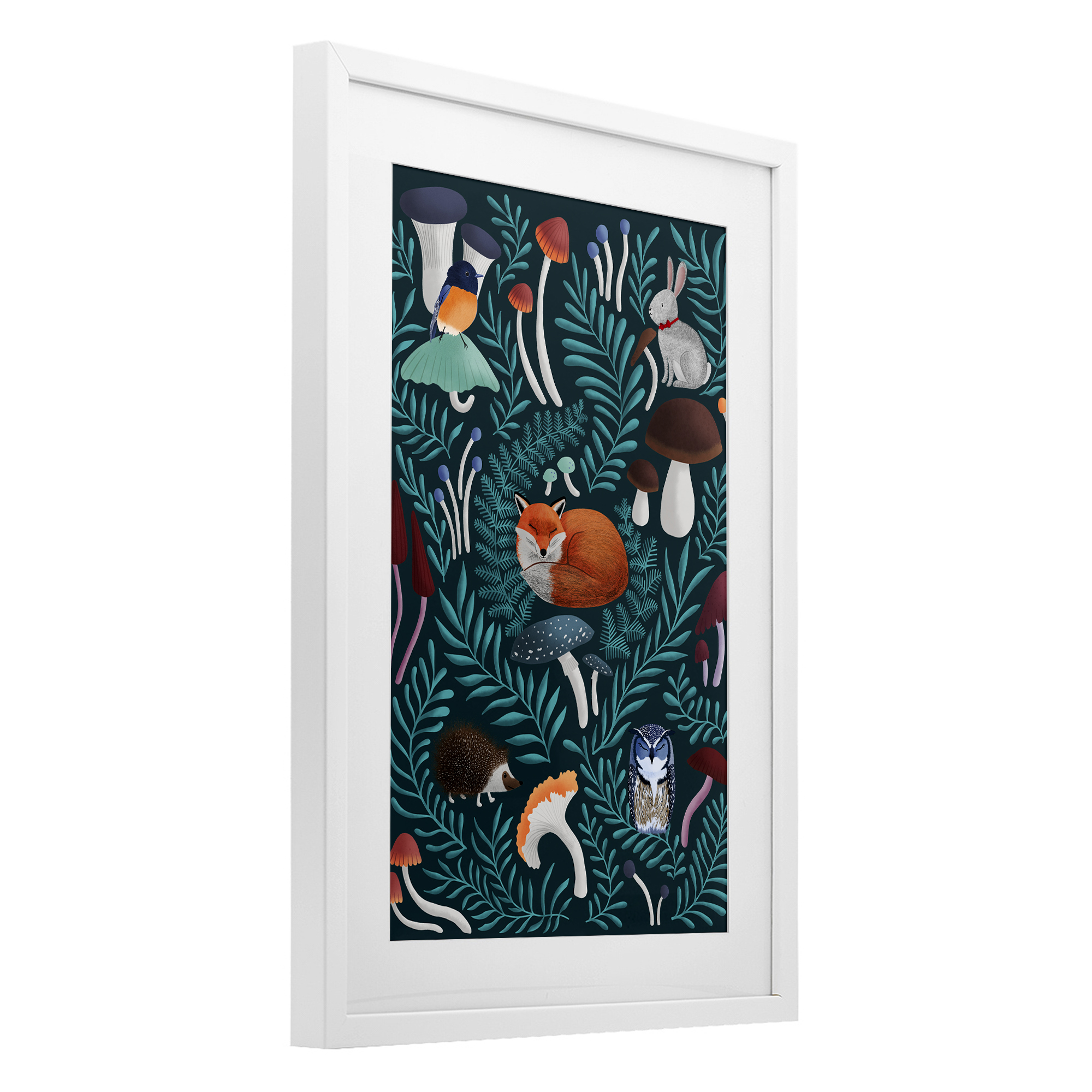 Woodland Animals & Botanical Sprigs White Framed Print Under Glass, design by Metka Hiti