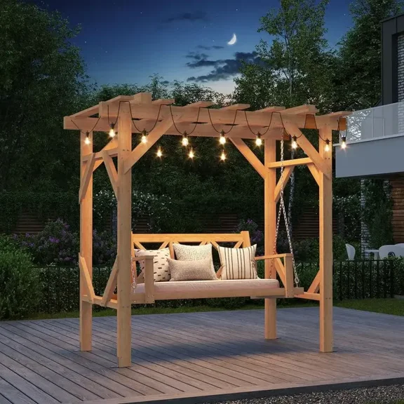 Cedar Wood Outdoor Pergola Swing Bench, Porch Swing with Stand, 3Seat Hammock Patio Swing Set with CanopyMetal Chains for Backy