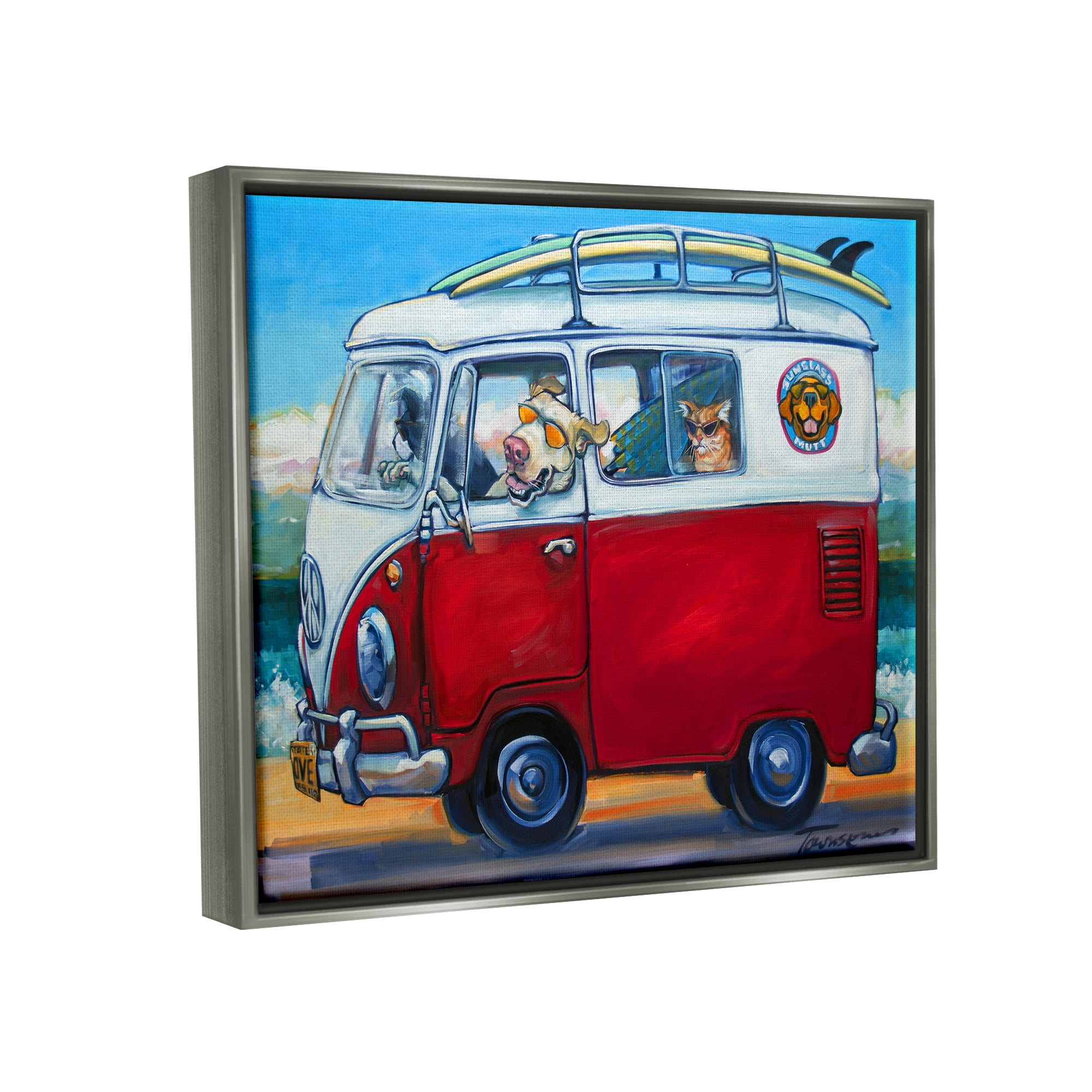 Stupell Industries Pets on Vacation Minibus Animals & Insects Painting Gray Floater Framed Art Print Wall Art, 21 x 17