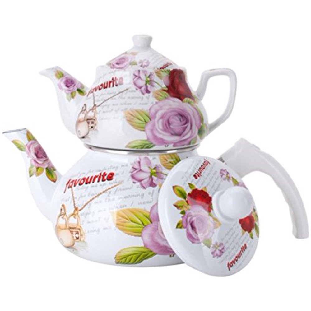 Double Tea Kettle Porcelain Teapot 2Pc Set 0.852L Ceramic + 2Ltr