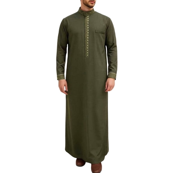 CONZONE Mens Arabic Robe Long Sleeve Traditional Attire Thobe for Men Trendy Casual Graphic Stand Collar Soft Lightweight Tops