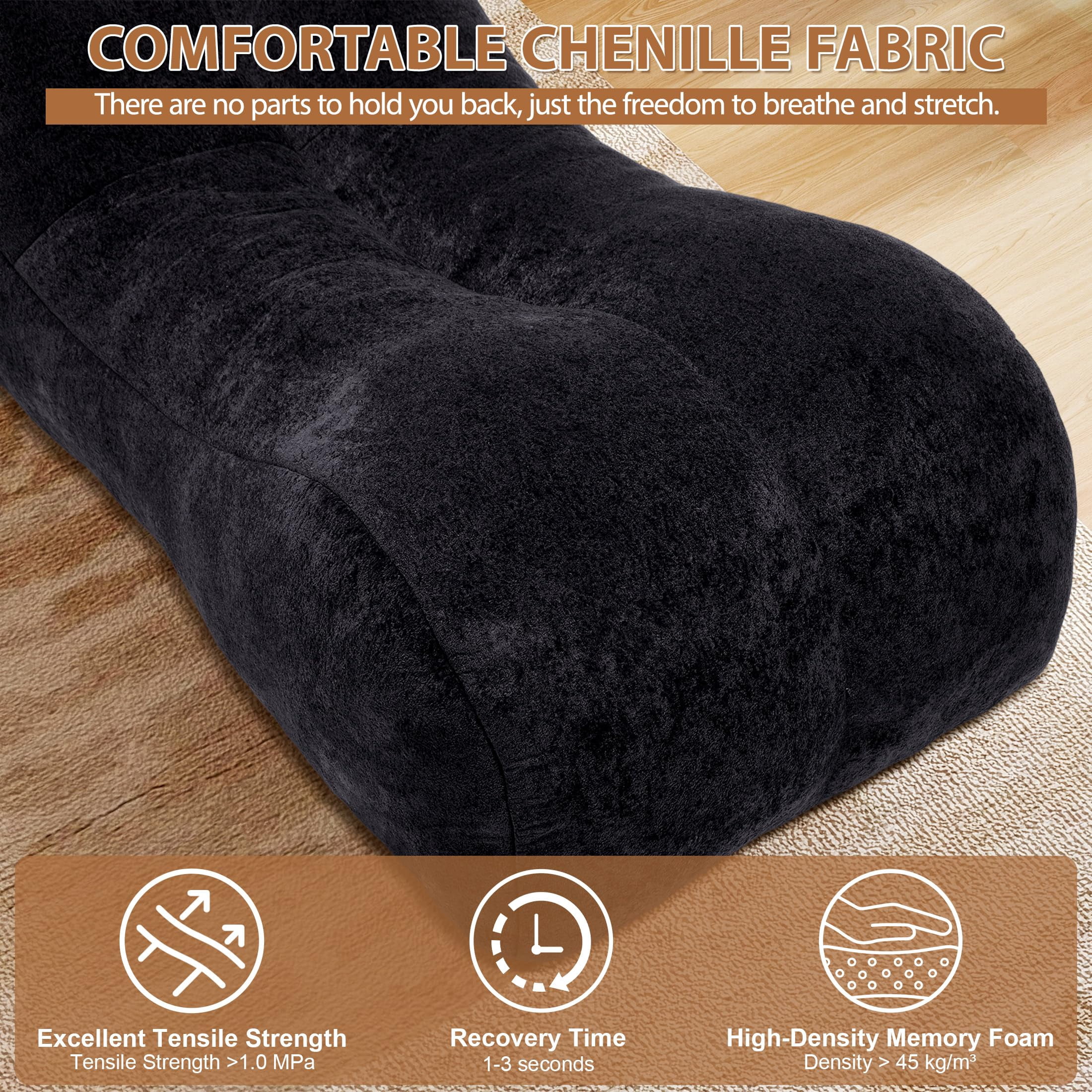 Aukfa Chaise Lounge, Bean Bag Sofa for Stretching, Relaxation, High Density Foam Recliner, Black