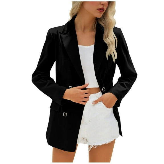 XPMWRP Women's Blazer Contrasting Long Sleeve Turndown Collar Solid Color Suit Jacket Fall Fashion Business Button Blazers with Double Pocket Black M