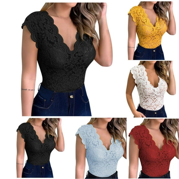AXXD Black Tops for Women V-neck Cap Sleeve Solid Lace Ladies Tops Black 8