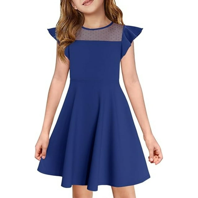 Robe Fille Été Manches à Volants en Maille Décontractée Robes de Fête avec Poches pour Enfants