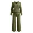 thumbnail image 4 of Xinoom Women Ribbed Knit Two Piece Outfit Set, Henley V‑Neck Long Sleeve Top and Wide Leg Pants, Cozy Loungewear Tracksuit for Casual Home Travel Wear Army Green,L, 4 of 6