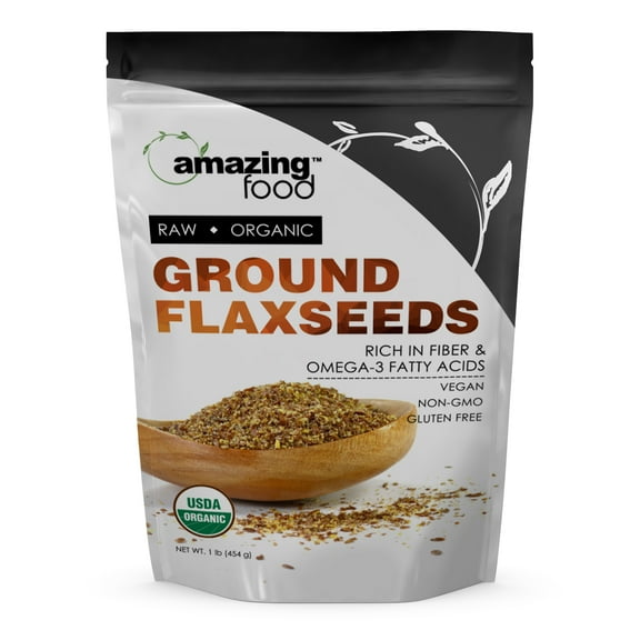 Amazing Food USDA Certified Organic Ground Flaxseeds 16 Oz Supplement | 14 Grams Per Serving | 32 Servings | Non-GMO | Gluten Free | Made in USA