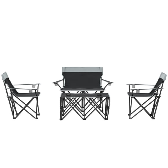 Grey 4-Piece Folding Picnic Table & Chair Set - Outdoor Camping Lawn Seating w/ Cup Holders - Portable Table & Chairs for BBQ, Hiking & Patio Use