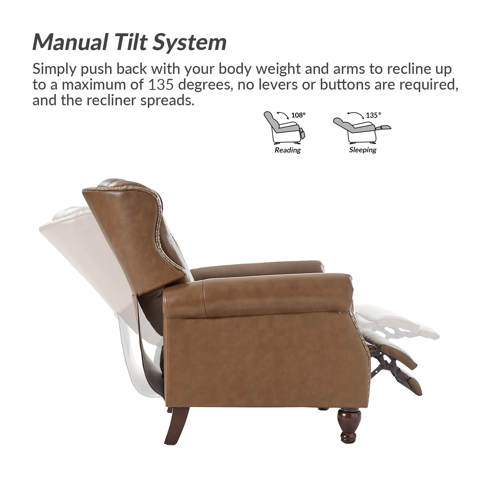 Traditional Genuine Leather Push Back Wingback Recliner Chair Tufted with Nailhead Trims and Solid Wood Legs for Living Room Camel