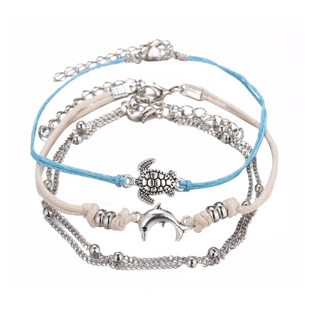 Tobillera boho cadena de plata con colgante de tortuga y cuentas turquesa para mujeres y niñas