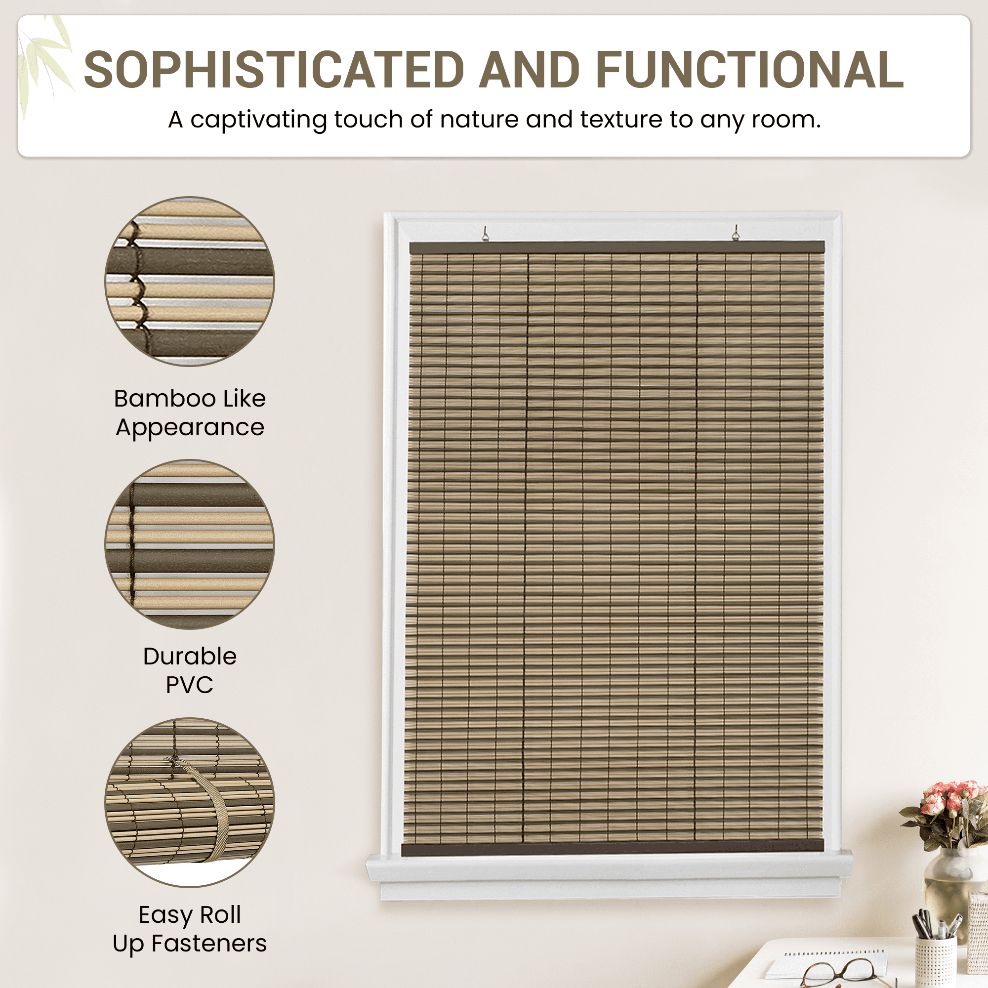 PowerSellerUSA Oval Cordless Blinds, Roll-Up Roller Shades for Windows and Doors, Light Filtering and Shades Privacy Window Treatment for Home - 48" (Width) x 72" (Length) Brown