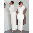 thumbnail image 5 of Plus Size Women's White Romantic Elegant Lace Jacquard Long Sleeve Cinched Waist Fishtail Hem Long Dress, 5 of 9