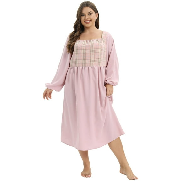 Baywell Women's Plus Size Nightgown Long Sleeve Square Neck Nightdress Lattice Stitching Nightshirt Sleep Dress Over Knee-Length Loose Oversized Sleepwear Loungewear, XL-4XL