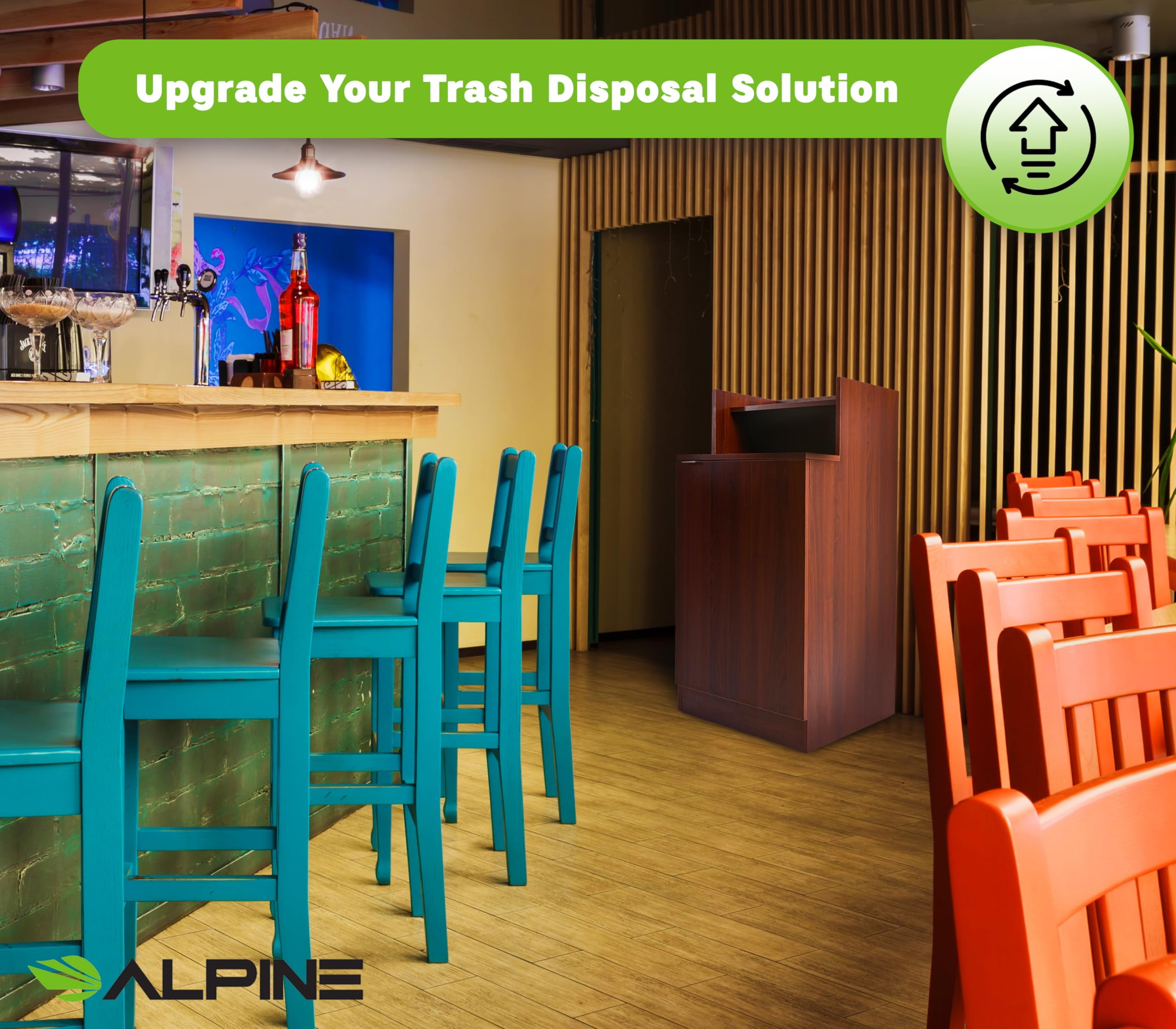 Alpine Restaurant Trash Bin Cabinet - Commercial Trash Can Garbage Receptacle with Tray Holder for 32 Gallon Garbage Bin (Mahogany)