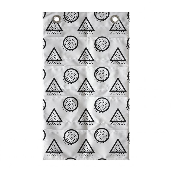 Abstract Hanging Pocket Organizer, Geometric Triangles and Circles with Little Dots Creative Modern Design, Printed Polyester Storage Bag with Pockets, 21" x 31", Charcoal Grey White