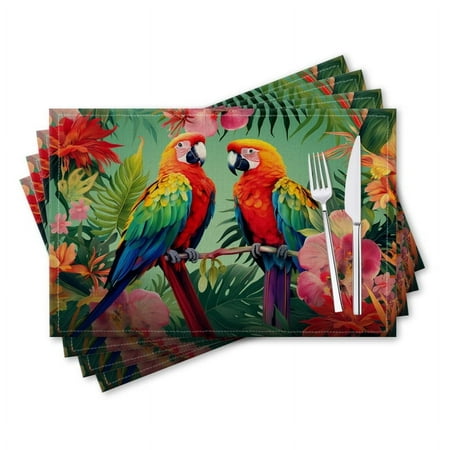 

BaHomeck placemats Set of 4 rectangle Linen Cotton Placemats for Dining Table Washable Heat Resistant 18*12inch Colorful Parrots Sitting On Tropical Flowers