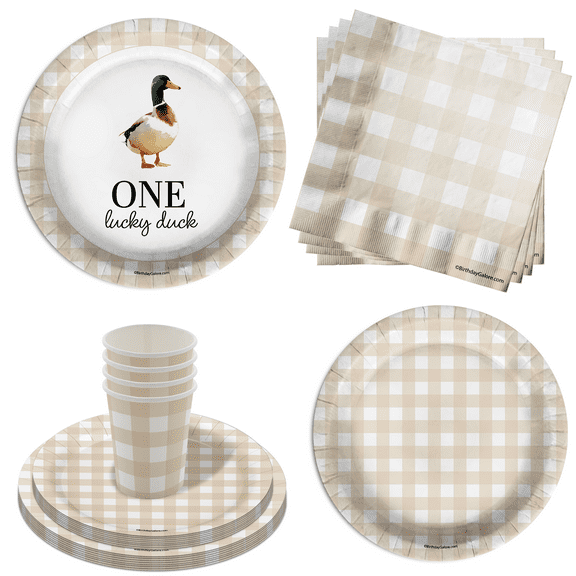 One Lucky Duck 1st Birthday Party Supplies - 64 Piece First Birthday Tableware Set Includes Large 9" Dinner Plates and 8" Dessert Paper Plates Napkins Cups - Kit for 16
