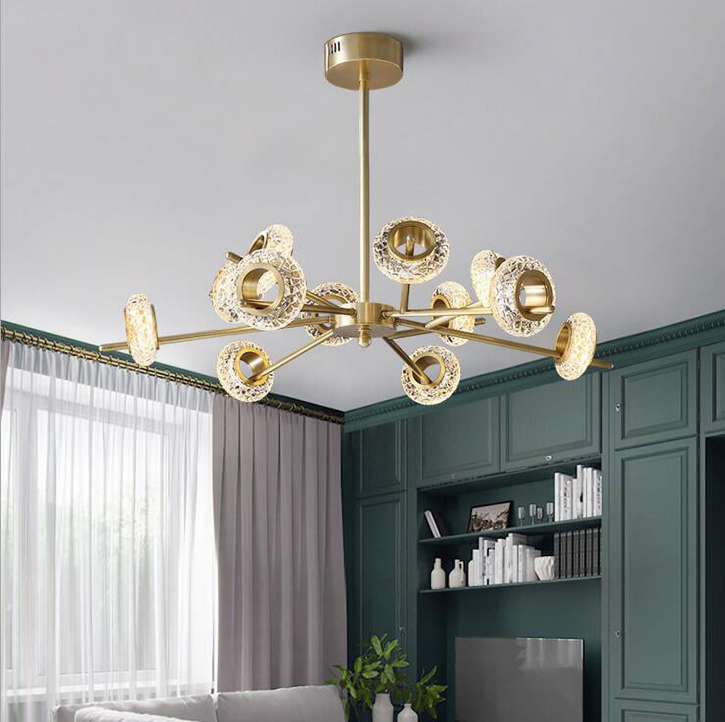 KPIBEST Mid Century Gold Sputnik Chandelier Large 12-Lights LED Chandelier Semi Flush Mount Ceiling Light Contemporary Round Dining Room Island Pendant Light Fixture