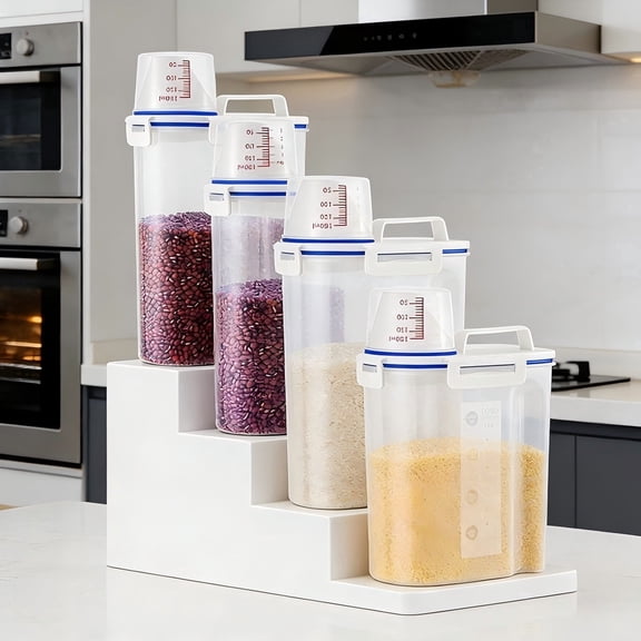 Asnews 4Pcs 5.5Lbs Airtight Rice Storage Containers with Locking Lids & Pour Spout - Includes Measuring Cups - BPA-Free. Kitchen Plastic Clear Dry Food Storage for Grain, Oatmeal , Pet Dog Food