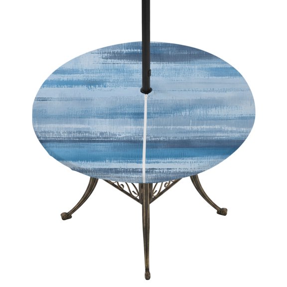 Round Outdoor Tablecloth with Umbrella Hole and Zipper, Blue Grey Ombre Tablecloth with Elastic Waterproof, Vintage Shabby Gray Abstract Art Patio Table Covers for 45" - 54" Picnic Pool Tables