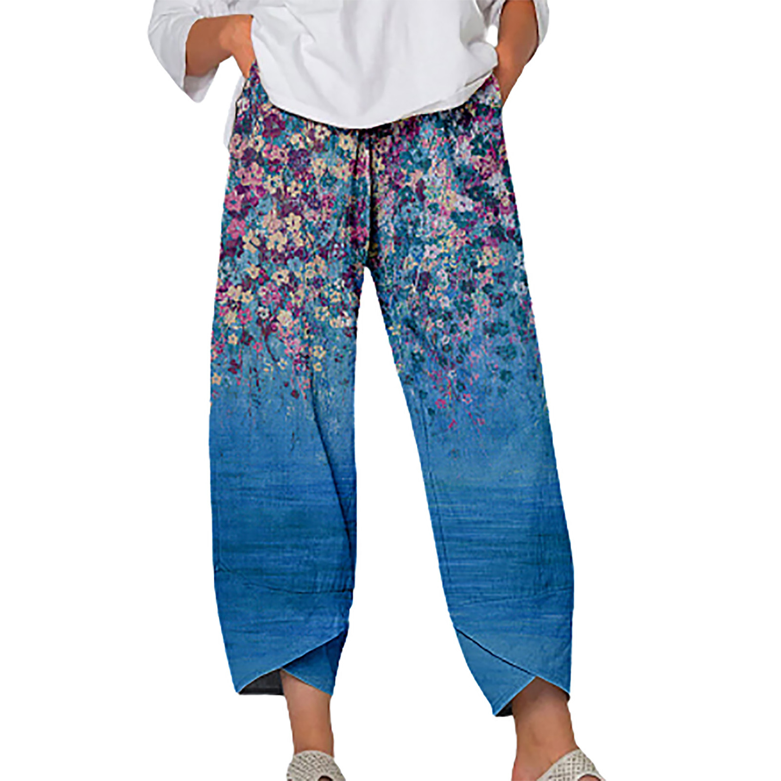 Capri Pants for Women Cotton Linen Wide Leg Capris Casual Summer