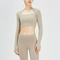 thumbnail image 3 of SWSMCLT Women's Yoga Workout Square Neck Crop Top Long Sleeve Yoga Shirt Soft Fashion Spandex Summer Basic Khaki Medium, 3 of 4