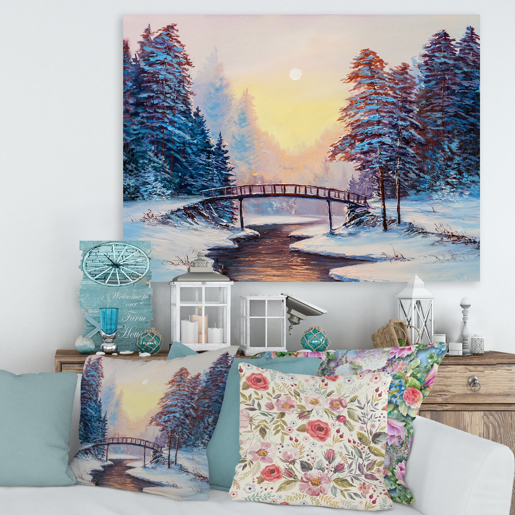 Designart ' Snow Covered Landscape and Little Bridge ' Traditional Canvas Wall Art Print