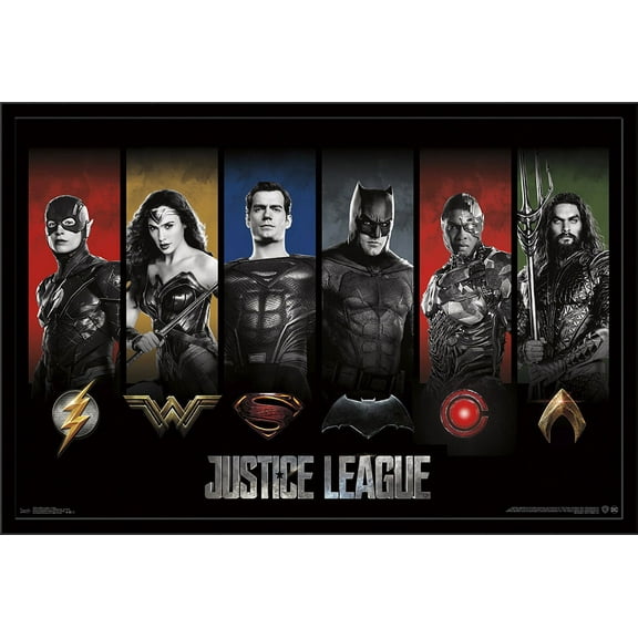 DC Comics Movie - Justice League - Heroes and Logos Wall Poster, 22.375" x 34", Framed